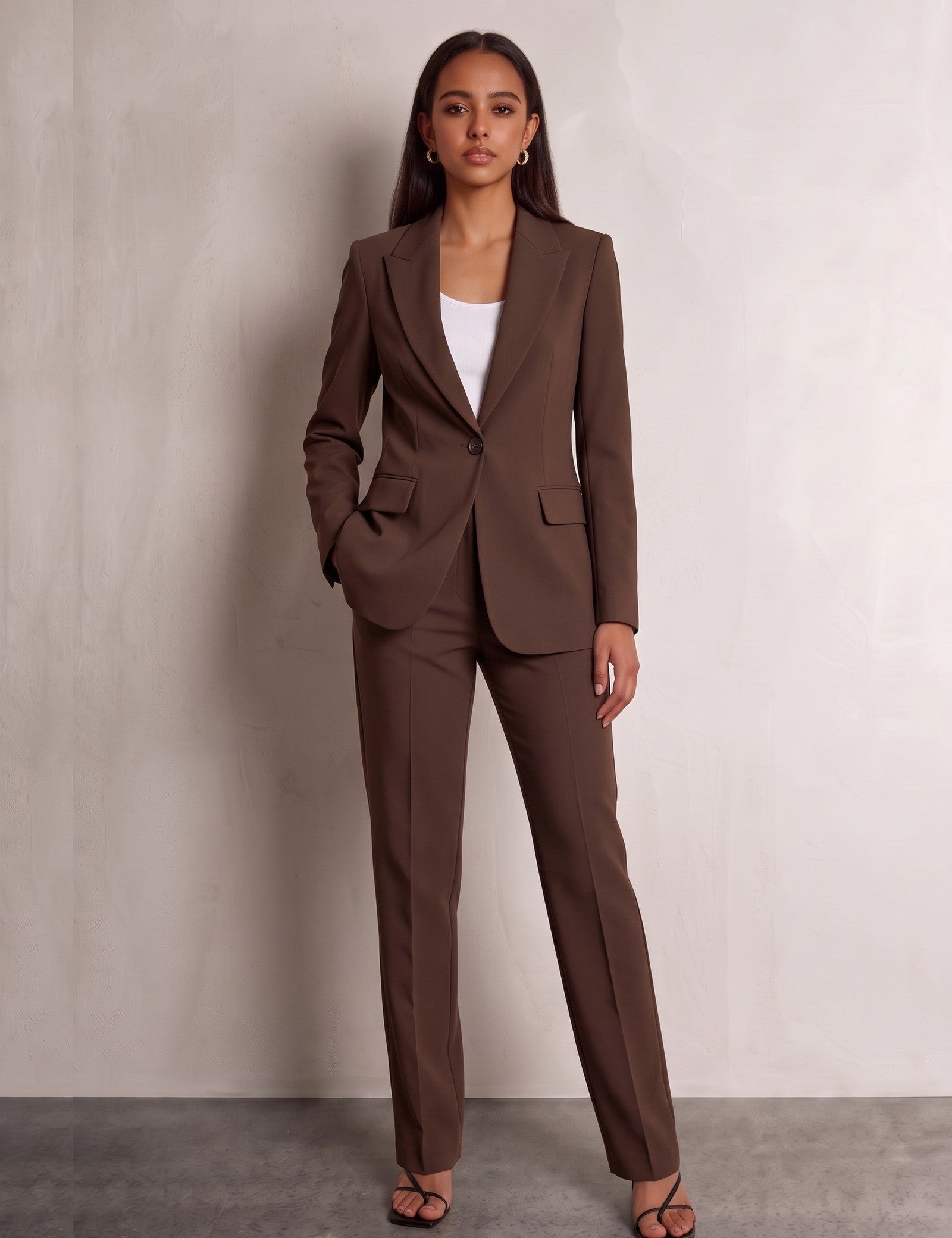 Women's Suit Set in Brown, front view, full length