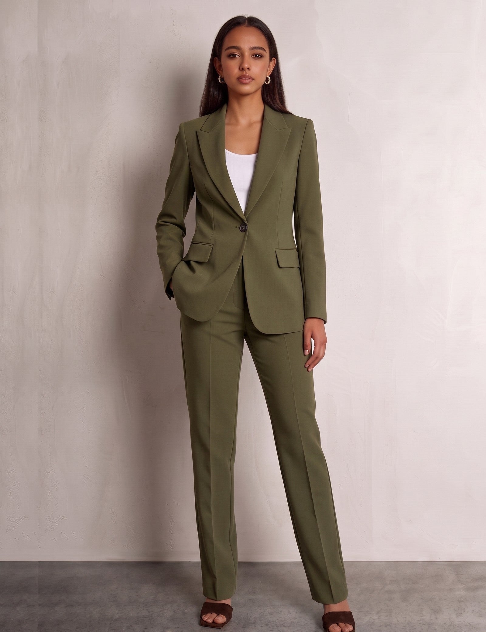 Women's Suit Set in Olive Green, front view, full length