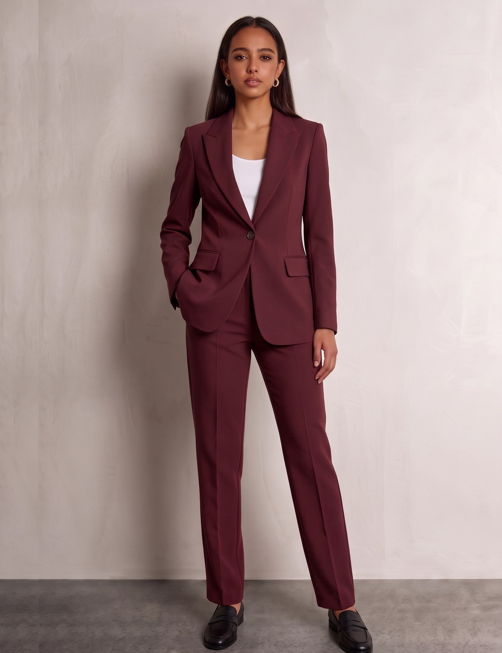 Women's Suit Set in Burgundy, front view, full length