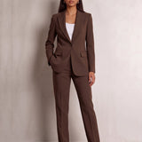 Women's Tailored Two-Piece Trouser Suit in Brown, front view, full length