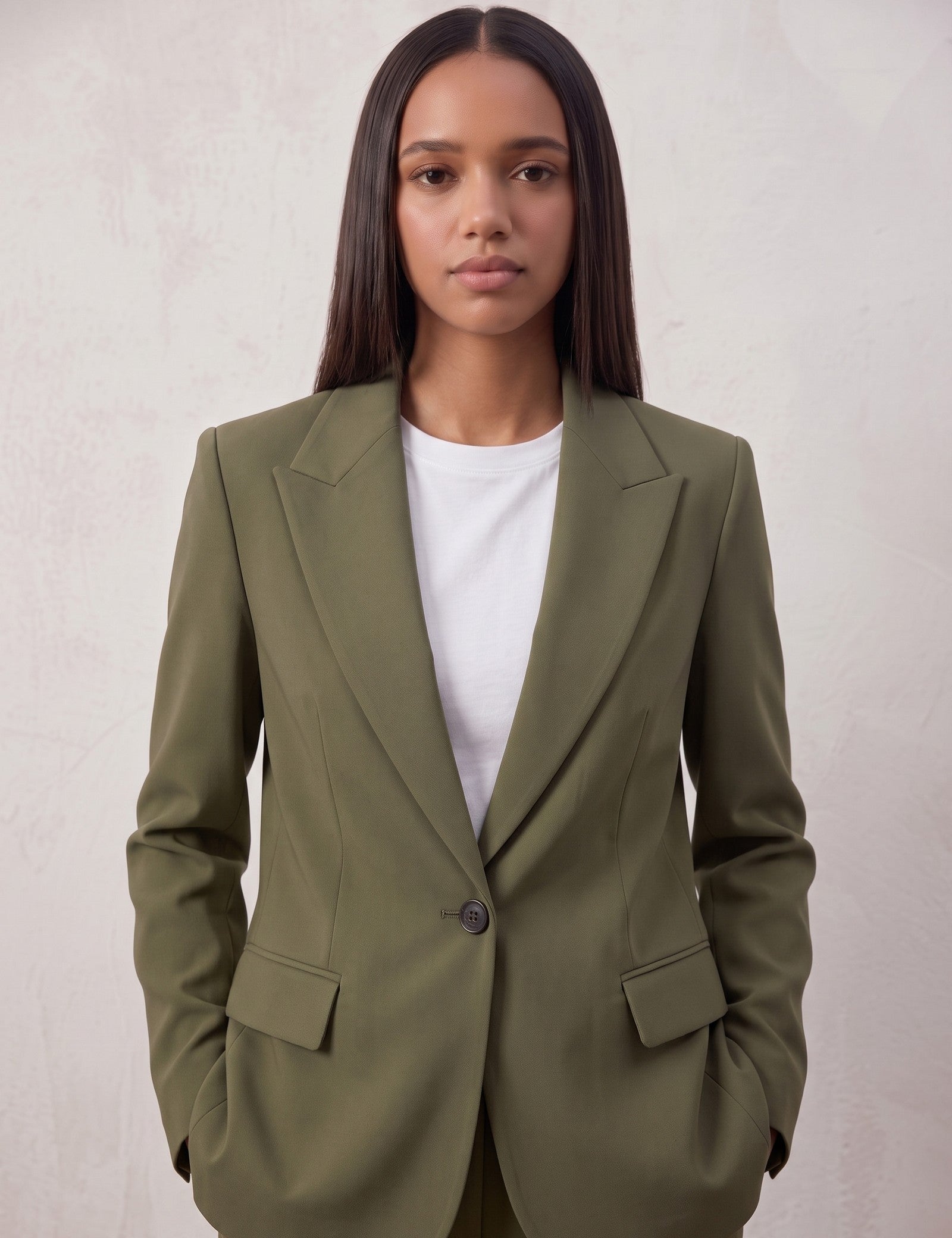 Women's Tailored Two-Piece Trouser Suit, close-up of the upper body