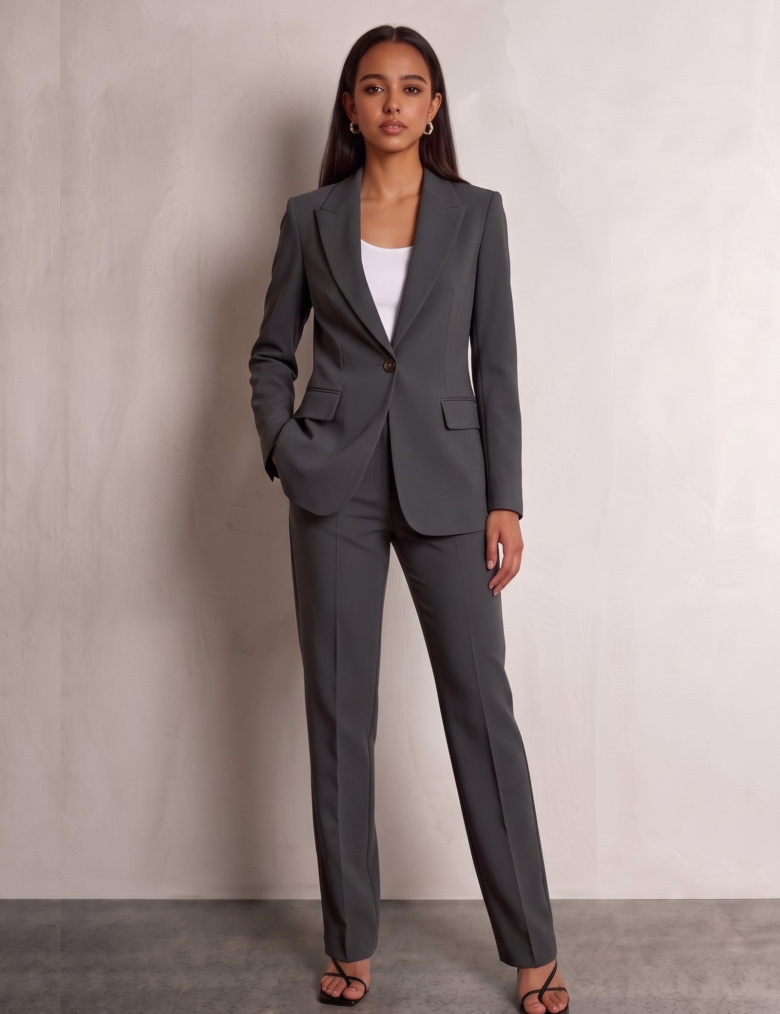 Women's Tailored Two-Piece Trouser Suit in Dark Grey, front view, full length