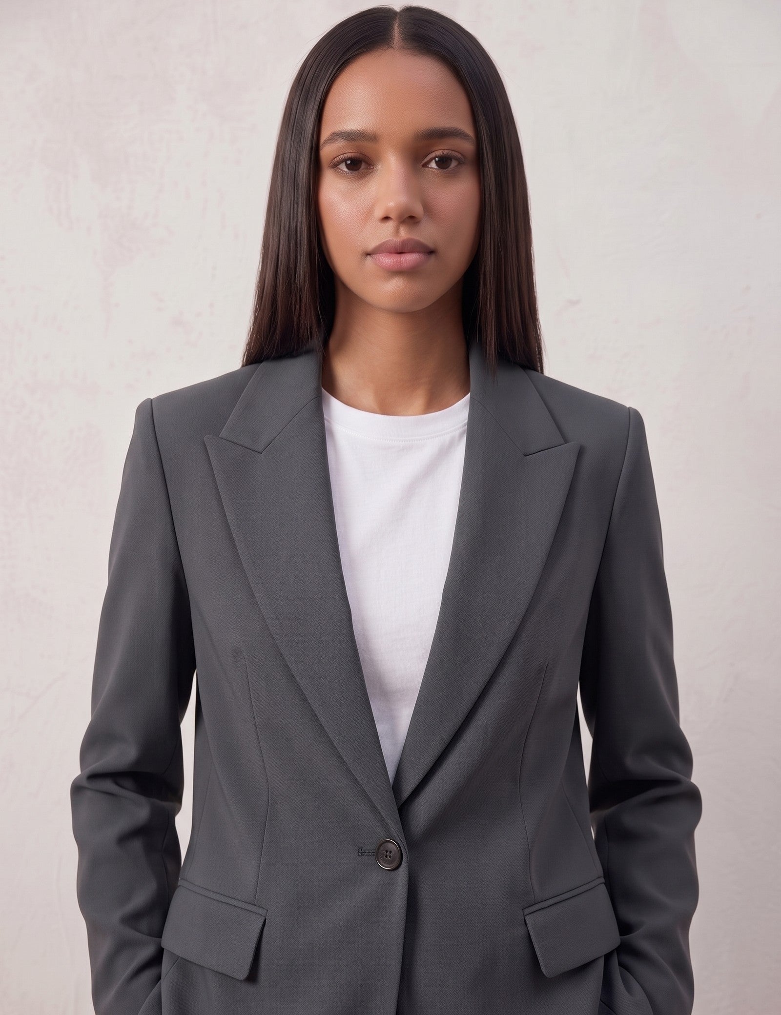 Women's Tailored Two-Piece Trouser Suit, close-up of the upper body