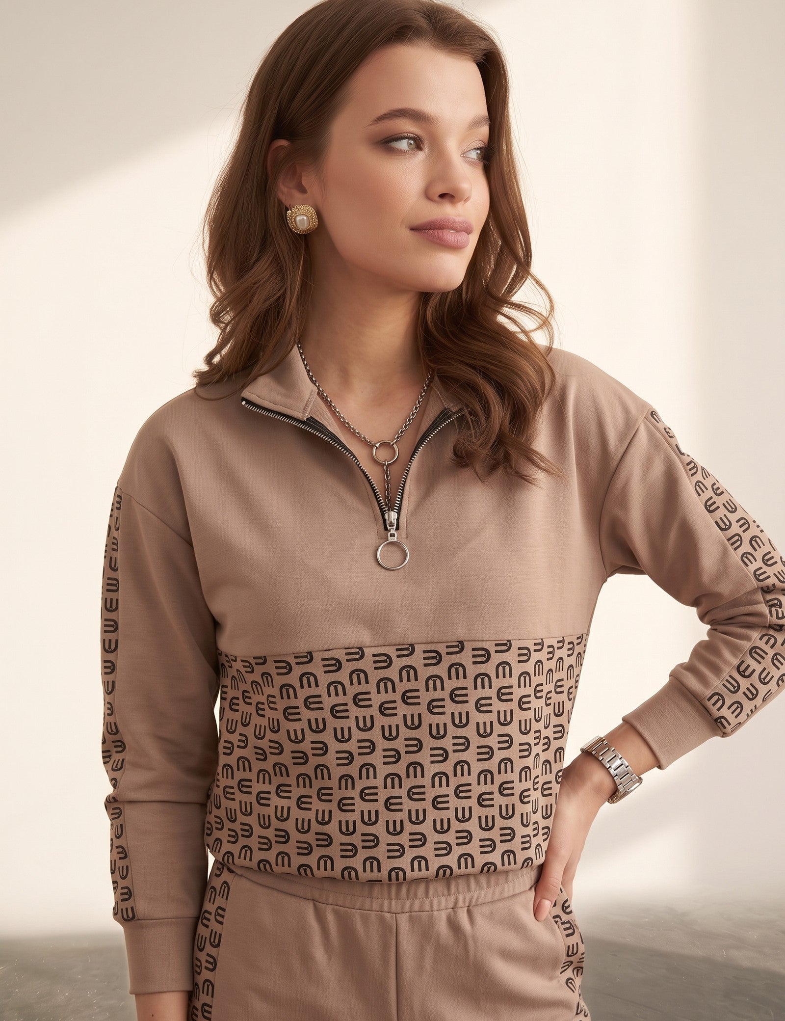 Women's Taupe Quarter-Zip Tracksuit with Tapered Joggers, three-quarter view from the right, full length