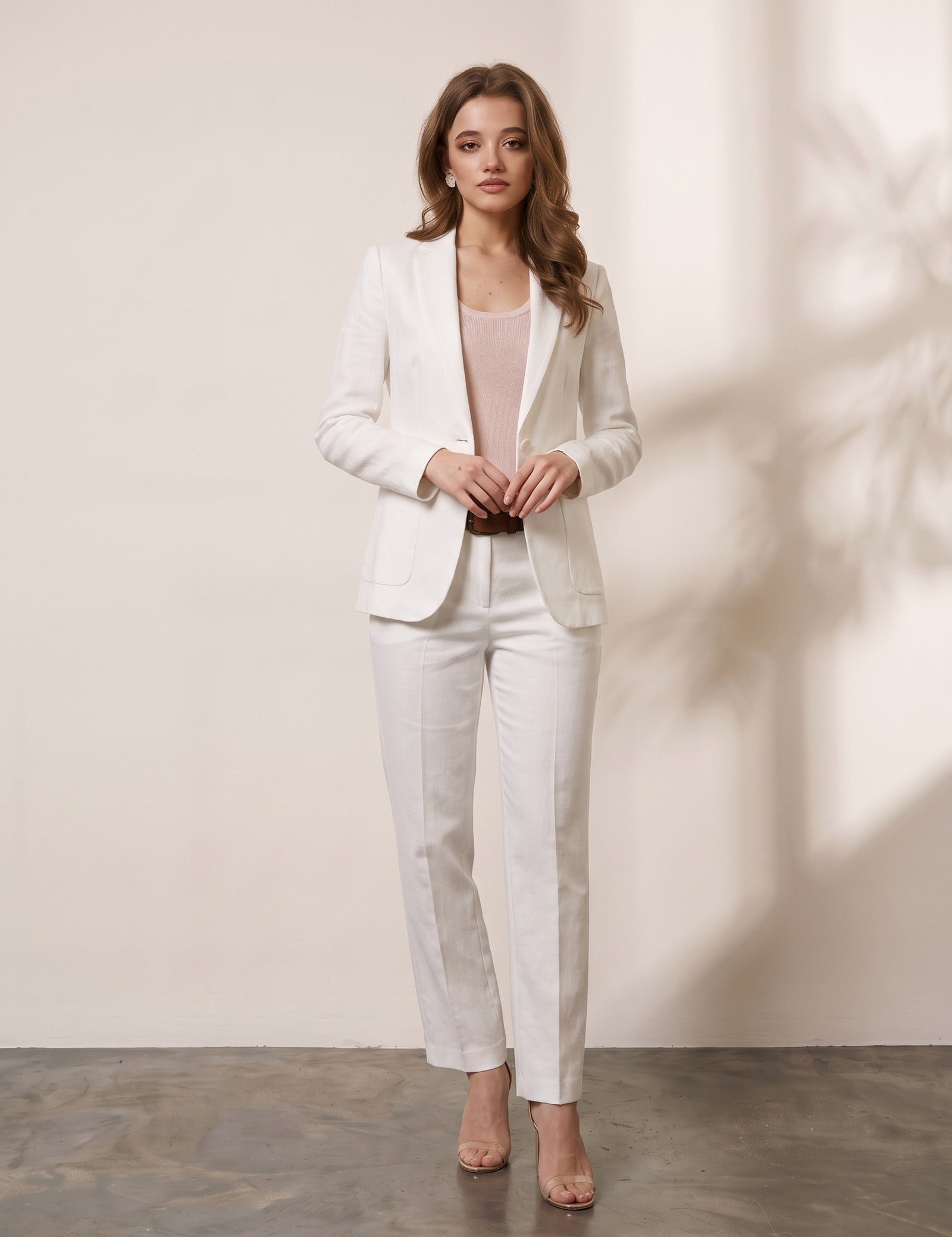 Women's White Tailored Single-Breasted Blazer, front view, full length.