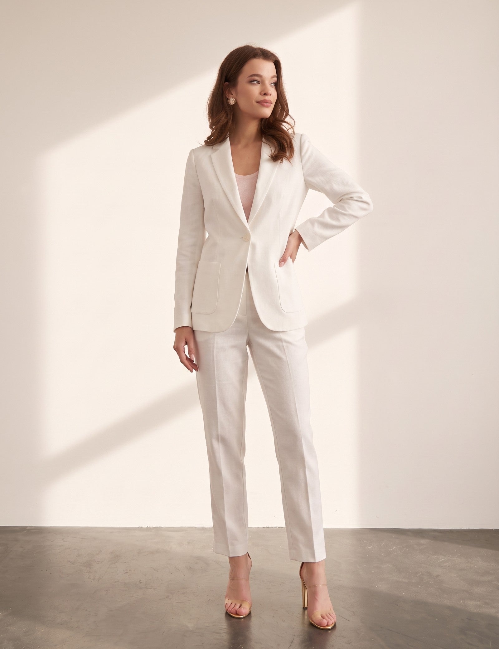 Women's White Tailored Single-Breasted Blazer, side view, full length.