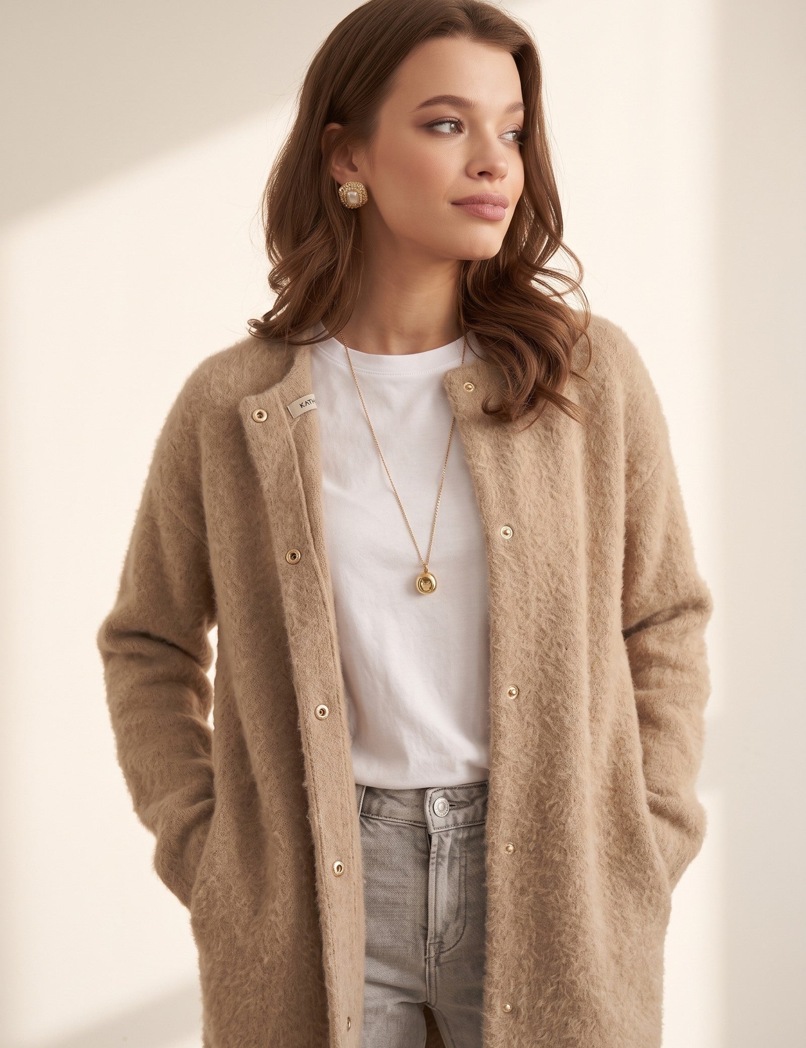 Wool-Blend Cardigan, three-quarter view from the right, full length