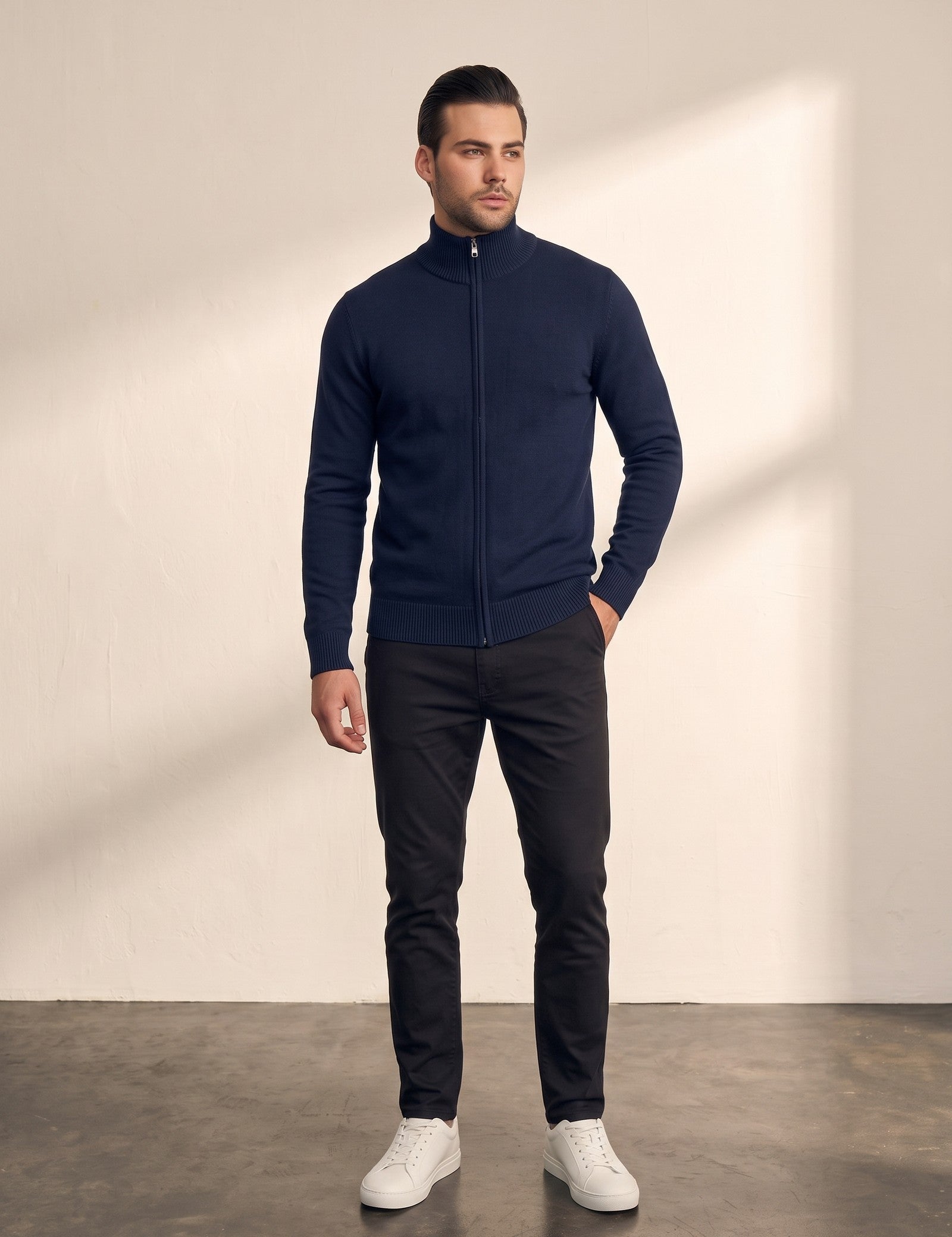 Zip-Up Cardigan in Navy, front view, full length