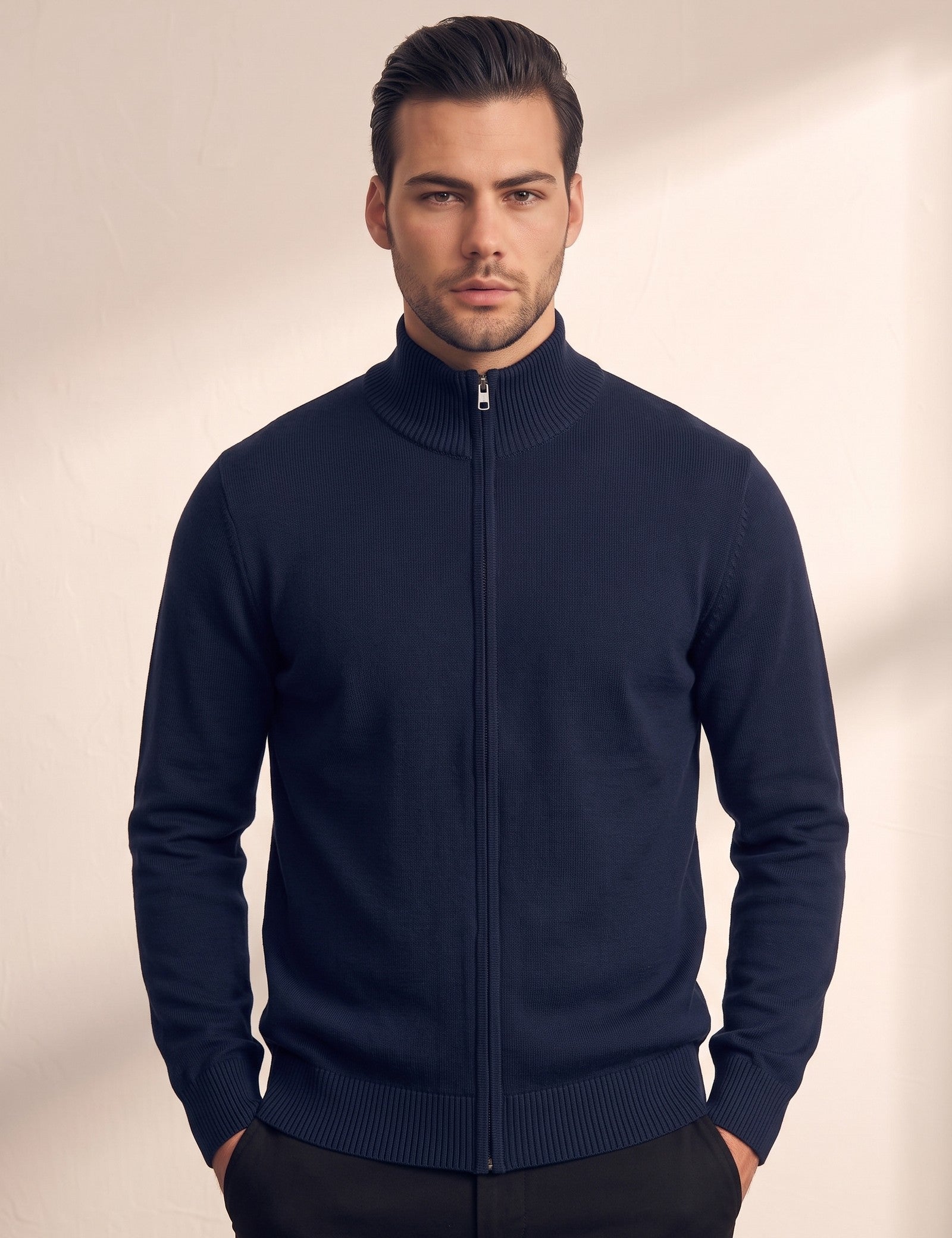 Zip-Up Cardigan, close-up of the upper body