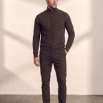 Zip-Up Cardigan in Brown, front view, full length