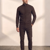 Zip-Up Cardigan in Brown, front view, full length