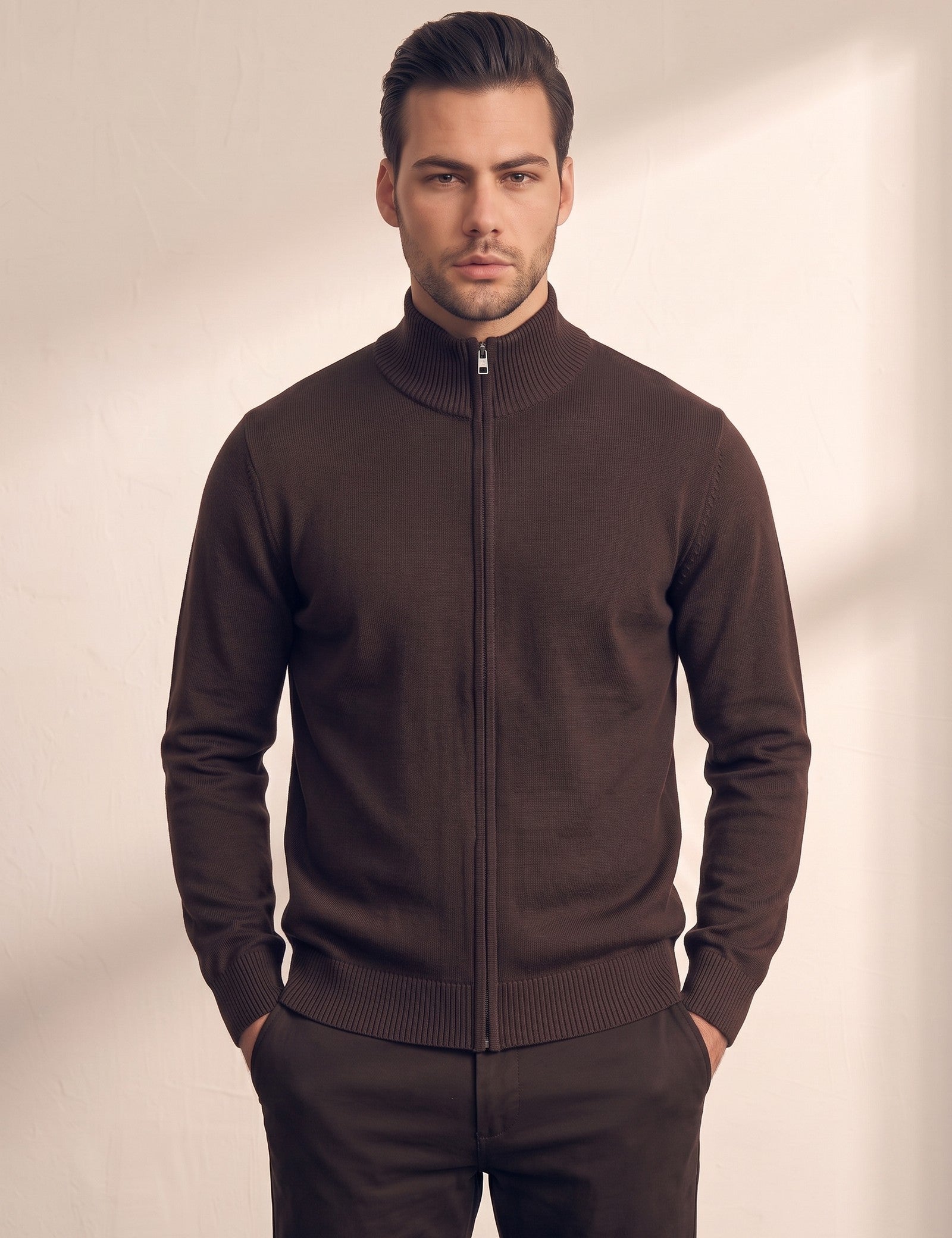 Zip-Up Cardigan, close-up of the upper body
