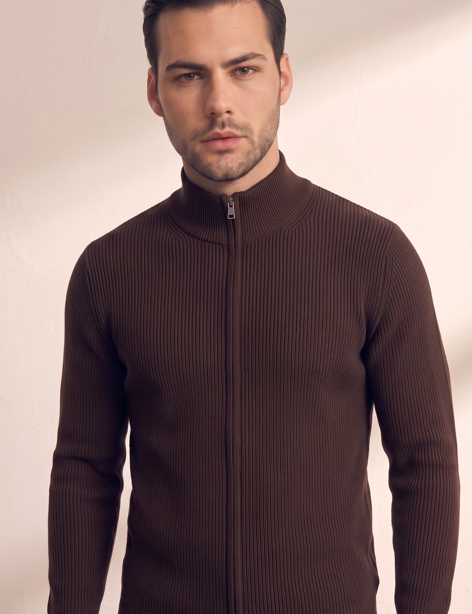 Zip-Up Cardigan, close-up of the upper body