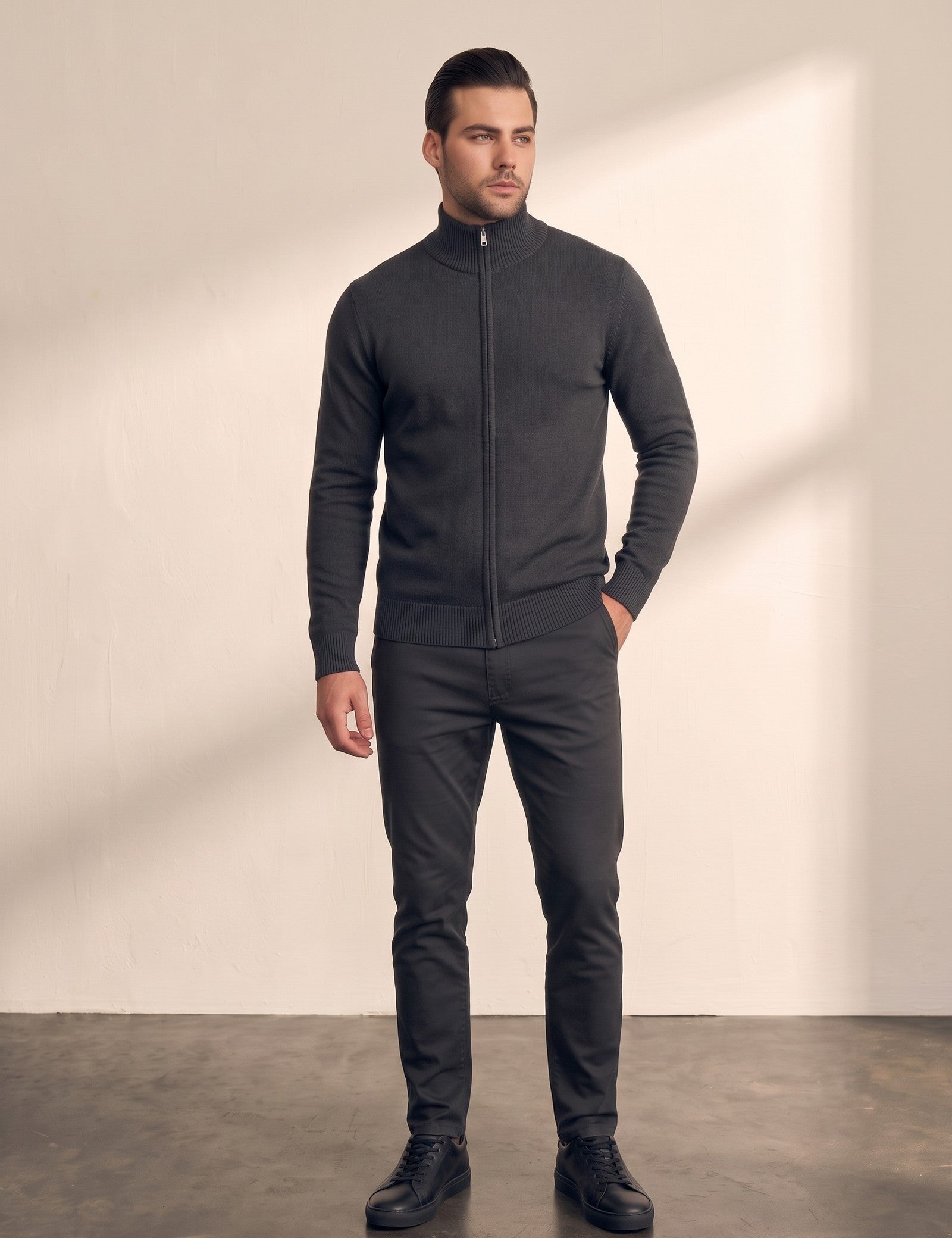 Zip-Up Cardigan in Dark Grey, front view, full length