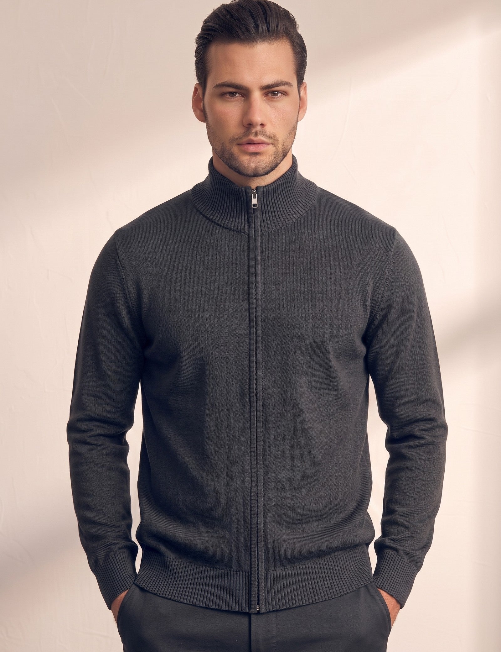 Zip-Up Cardigan, close-up of the upper body