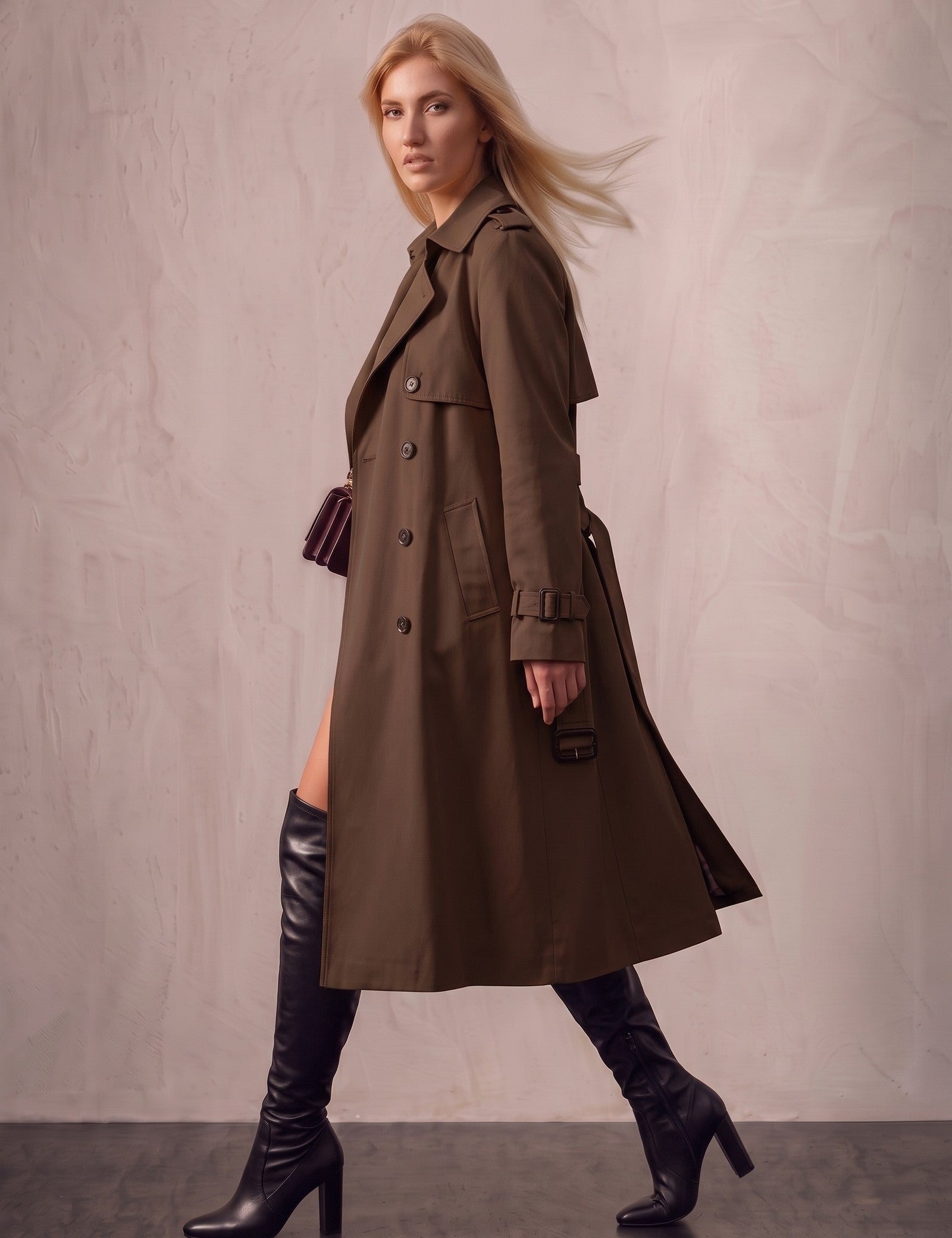 Deluxe Trench Coat, side view, full length.