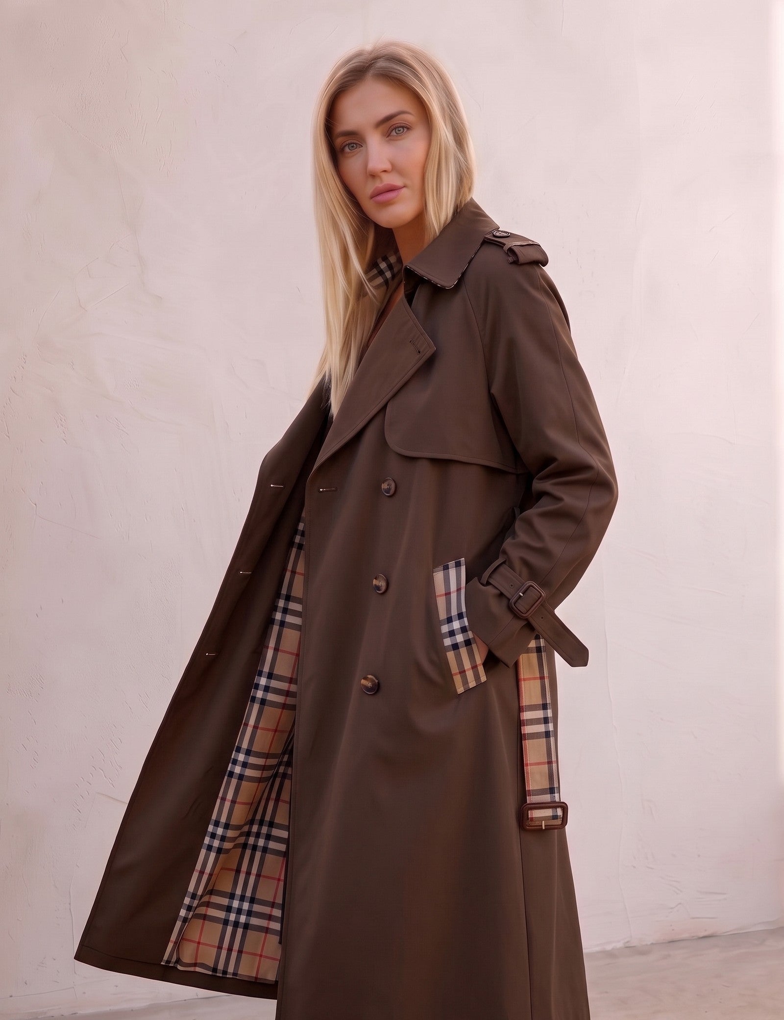 Deluxe Trench Coat, three-quarter view from the right, full length.