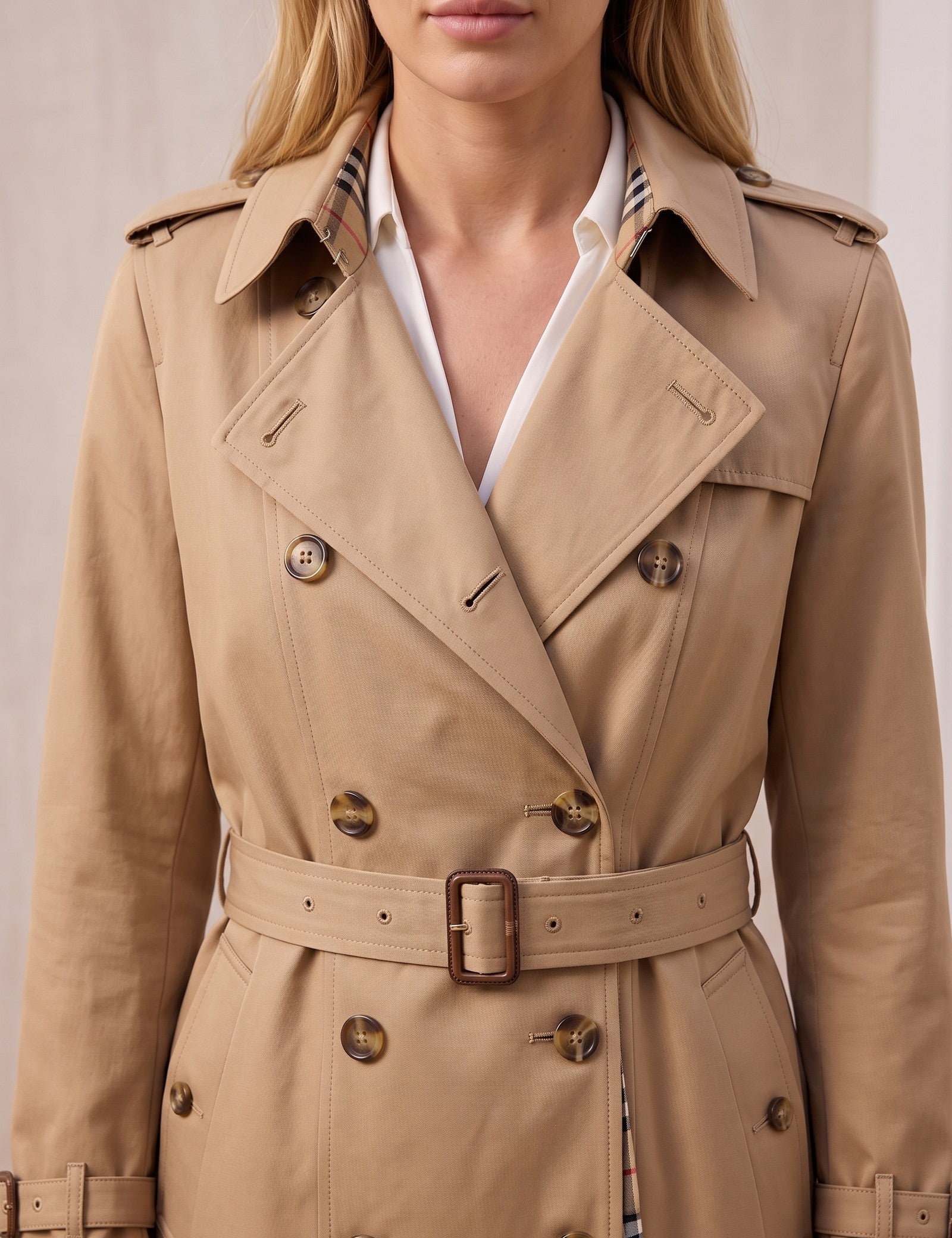 Deluxe Trench Coat, close-up of the upper body.