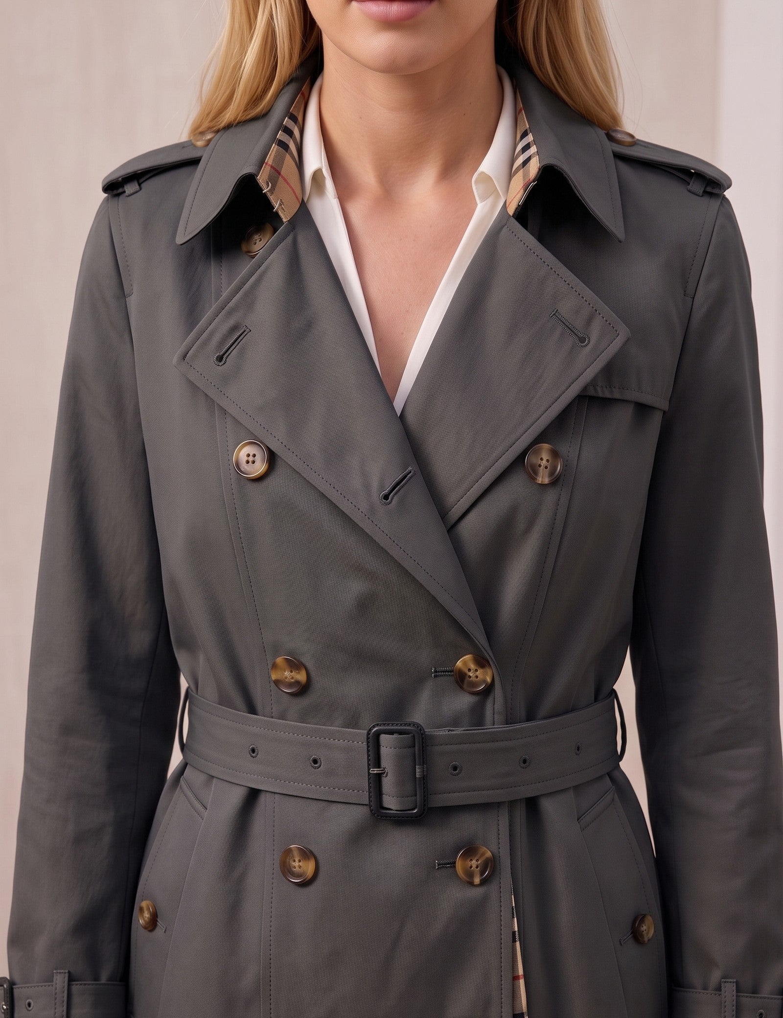 Deluxe Trench Coat, close-up of the upper body.