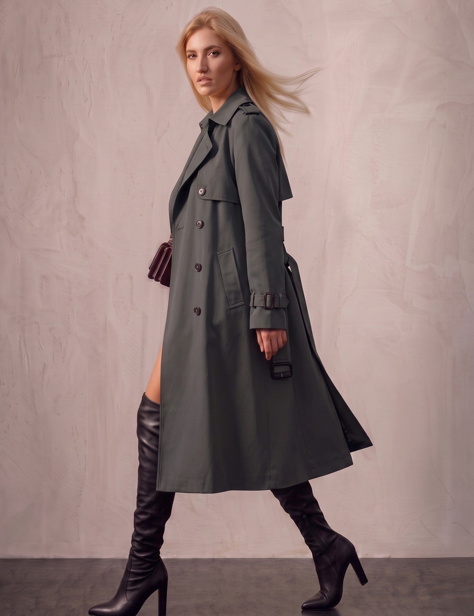 Deluxe Trench Coat, side view, full length.