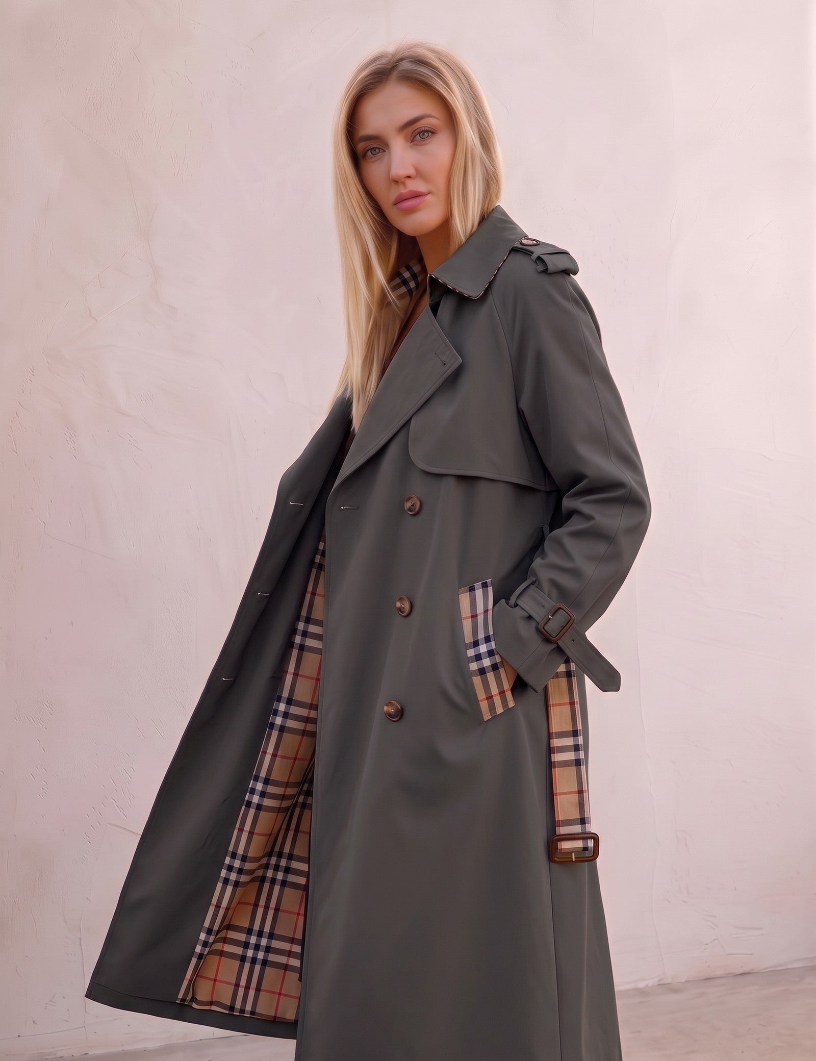 Deluxe Trench Coat, three-quarter view from the right, full length.