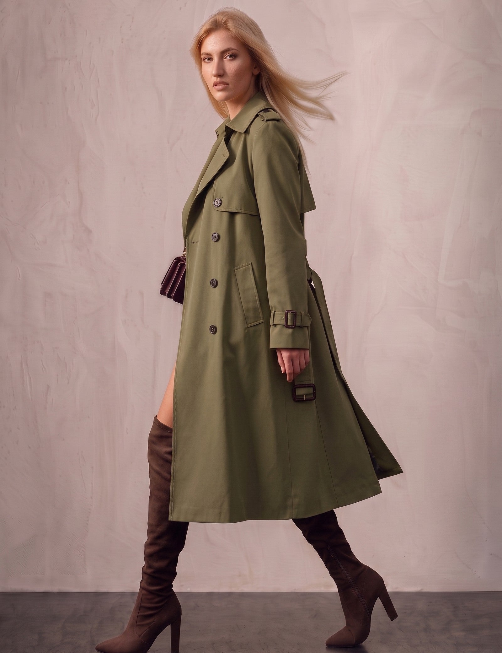 Deluxe Trench Coat, side view, full length.