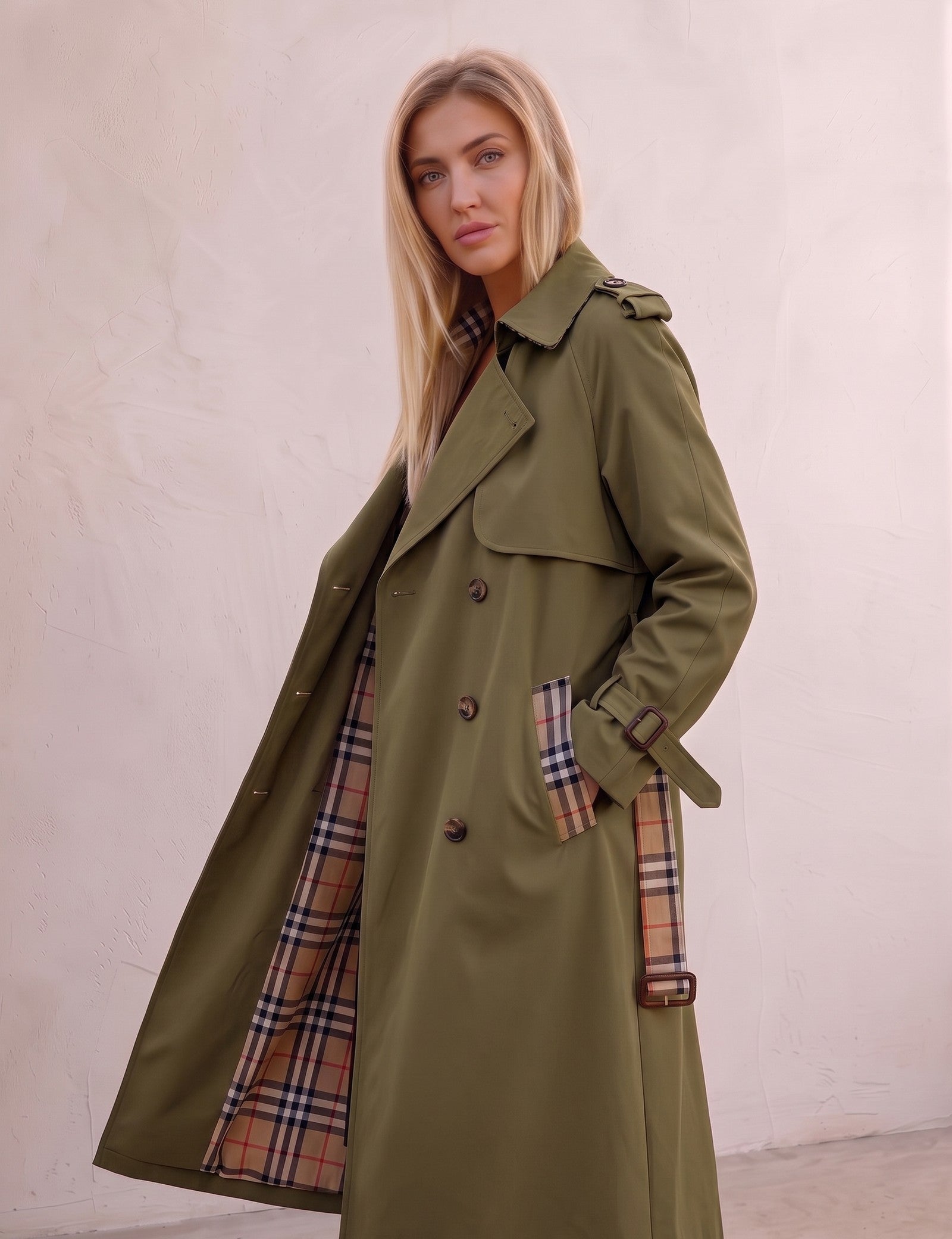 Deluxe Trench Coat, three-quarter view from the right, full length.