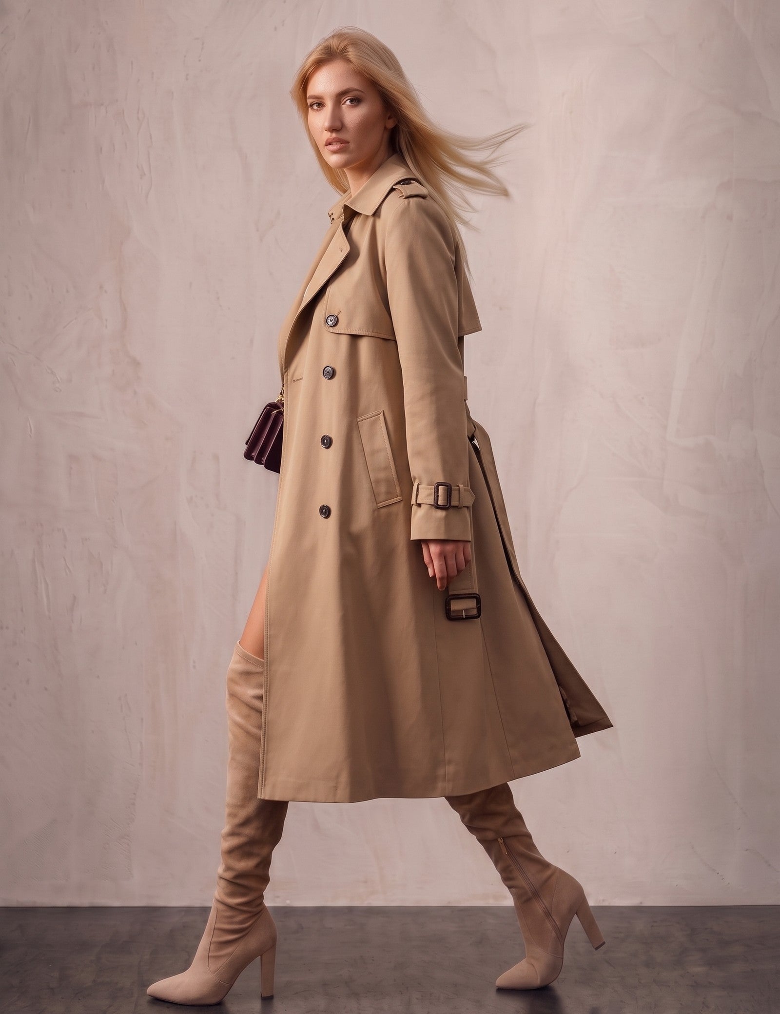 Deluxe Trench Coat, side view, full length.