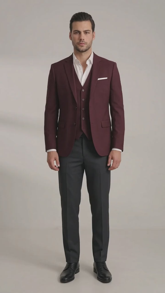 Men's Classic Three-Piece Formal Suit - Burgundy