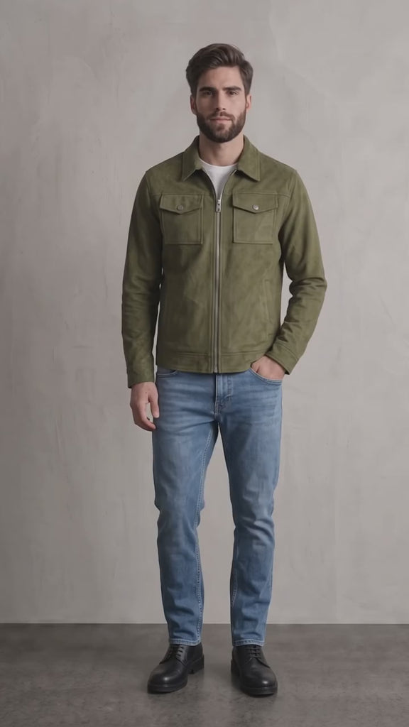 Men's Olive Faux Suede Zip Jacket