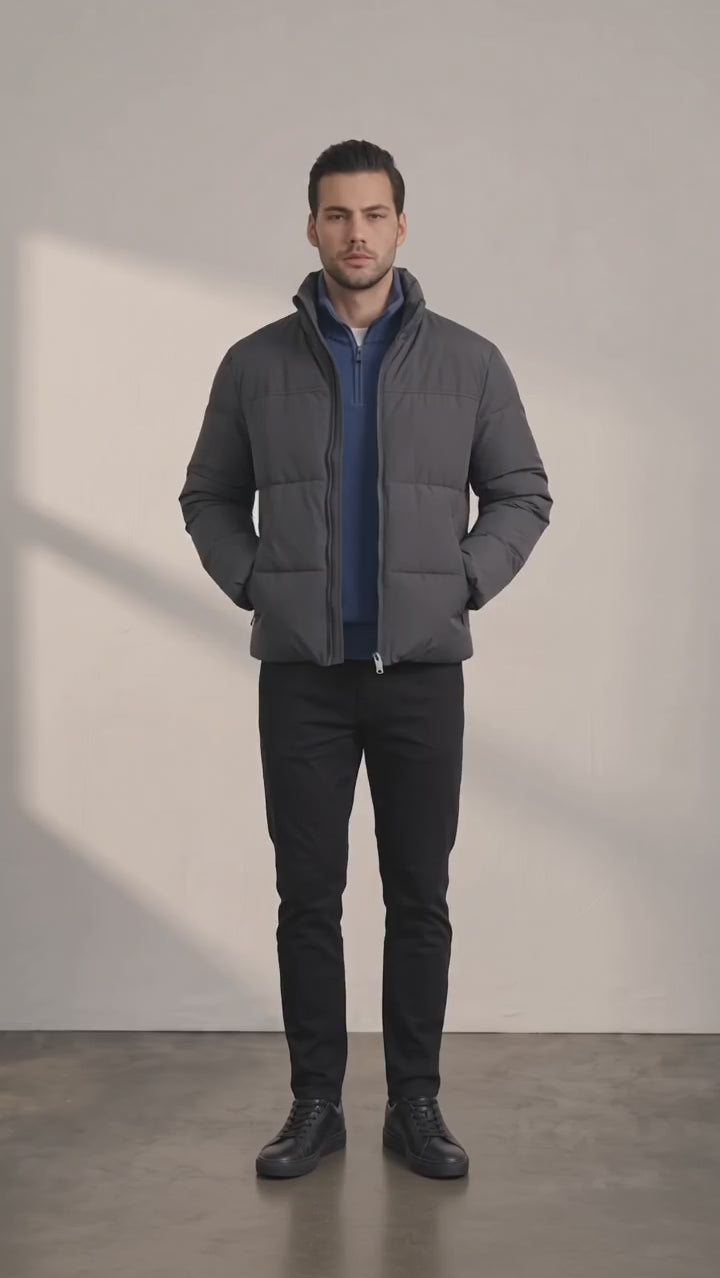 Men's Padded Puffer Jacket with Adjustable Hem - Dark Grey