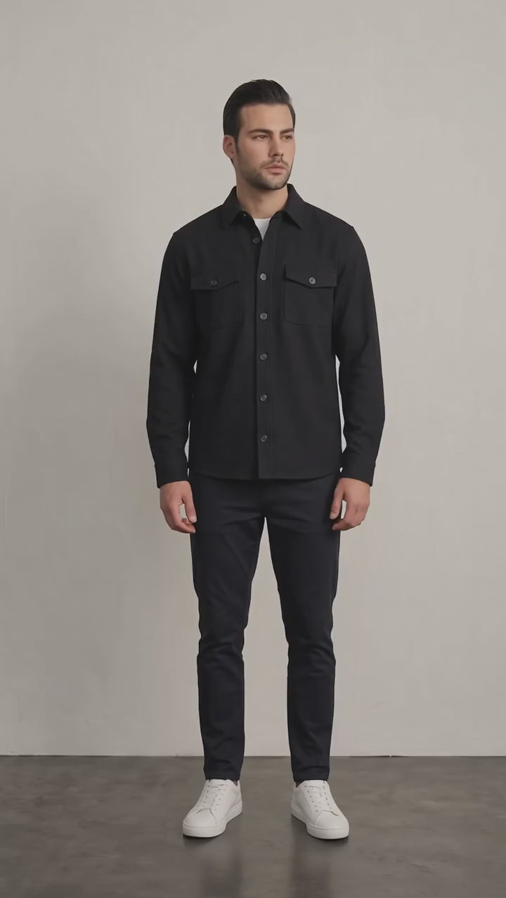Men's Stretch Twill Overshirt with Chest Pockets - Black