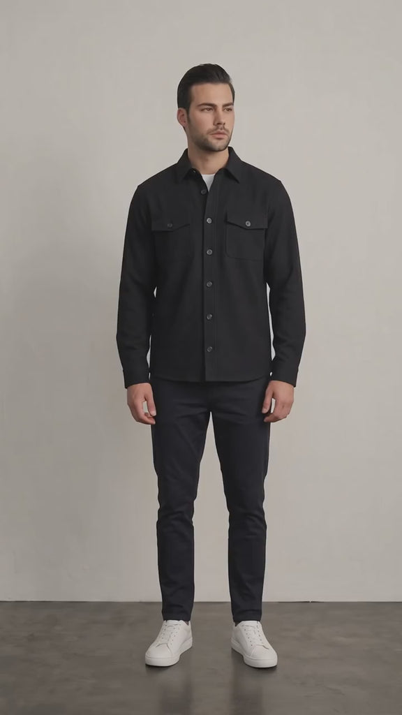 Men's Stretch Twill Overshirt with Chest Pockets - Black