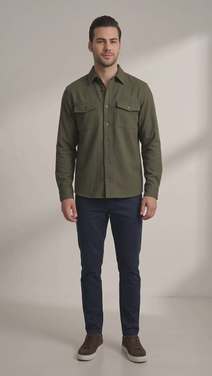 Men's Stretch Twill Overshirt with Chest Pockets - Olive Green