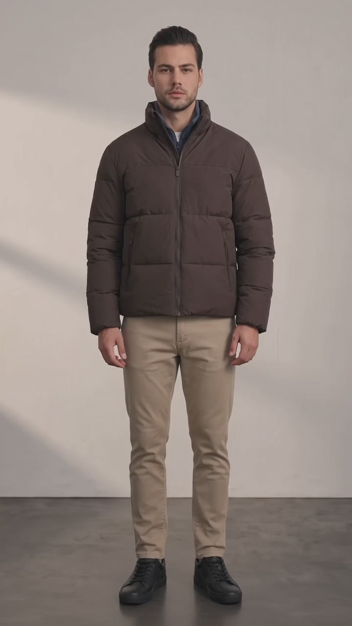 Men's Padded Puffer Jacket with Adjustable Hem - Brown