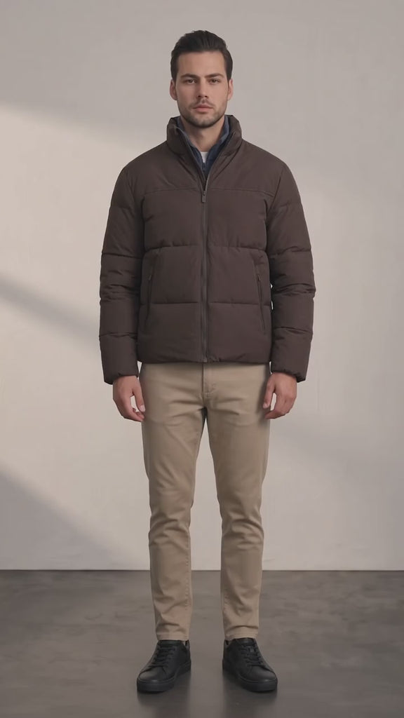 Men's Padded Puffer Jacket with Adjustable Hem - Brown