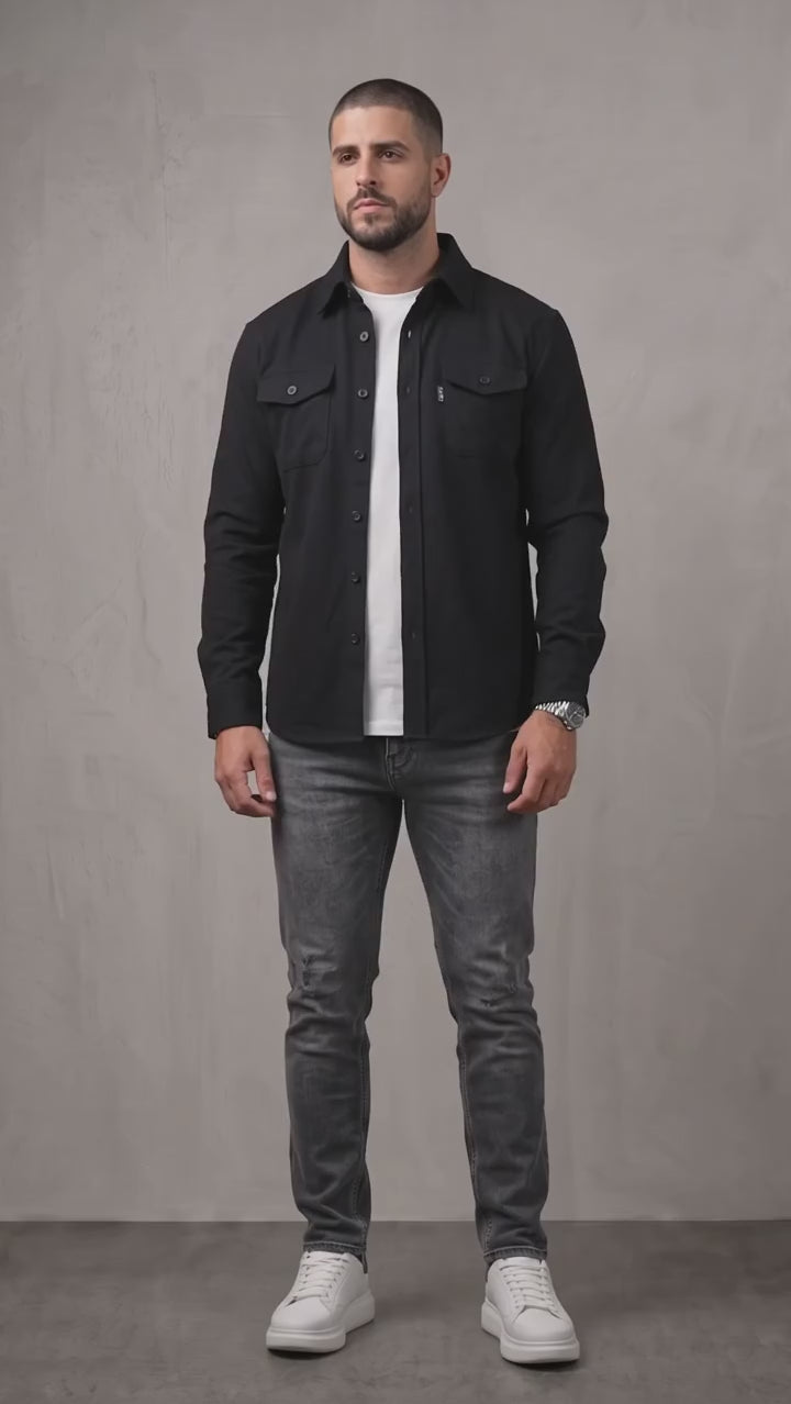 Men's Black Stretch Button Overshirt
