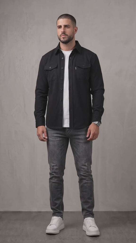 Men's Black Stretch Button Overshirt