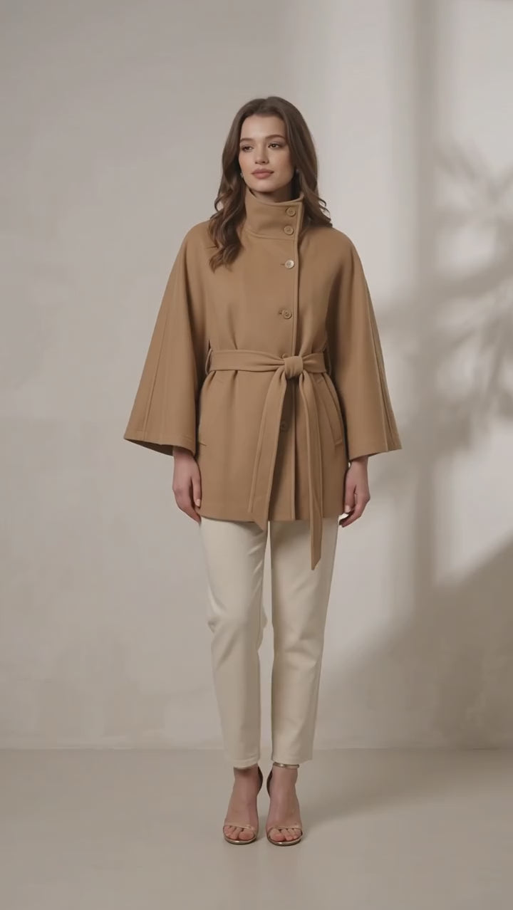Women's Belted Funnel Neck Cape Coat