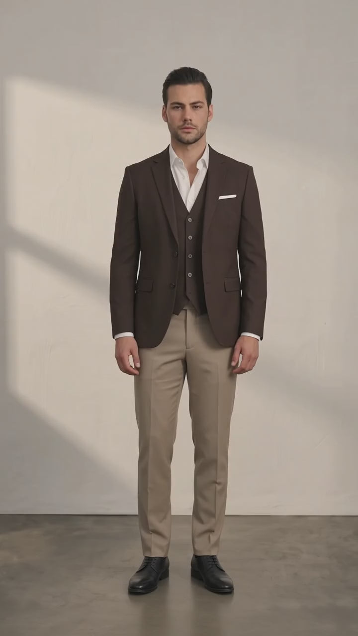 Men's Classic Three-Piece Formal Suit - Brown