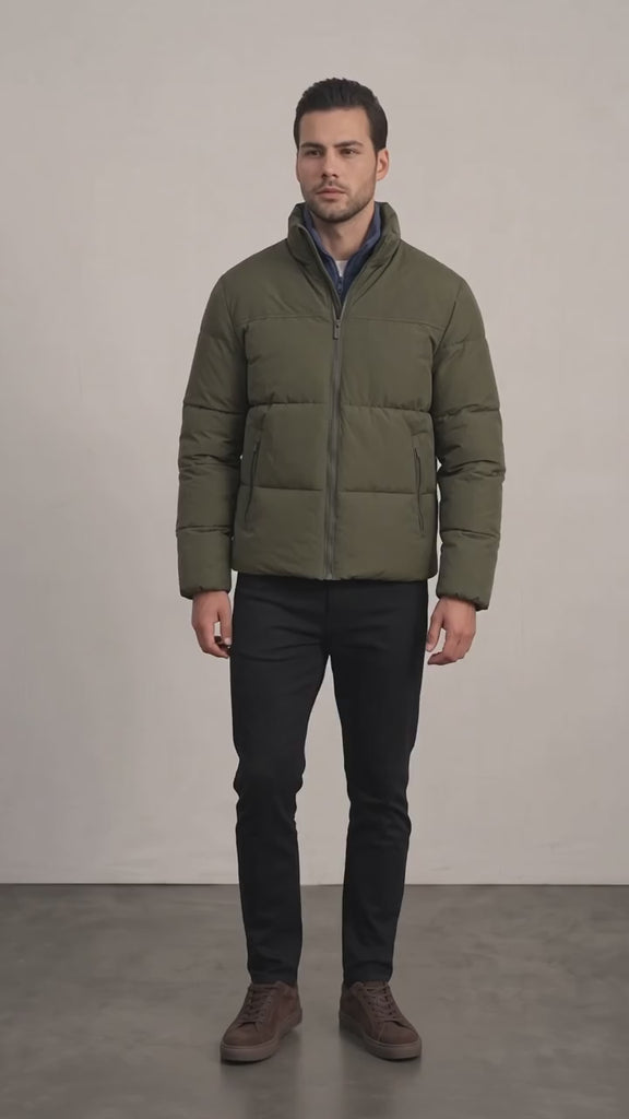 Men's Padded Puffer Jacket with Adjustable Hem - Olive Green