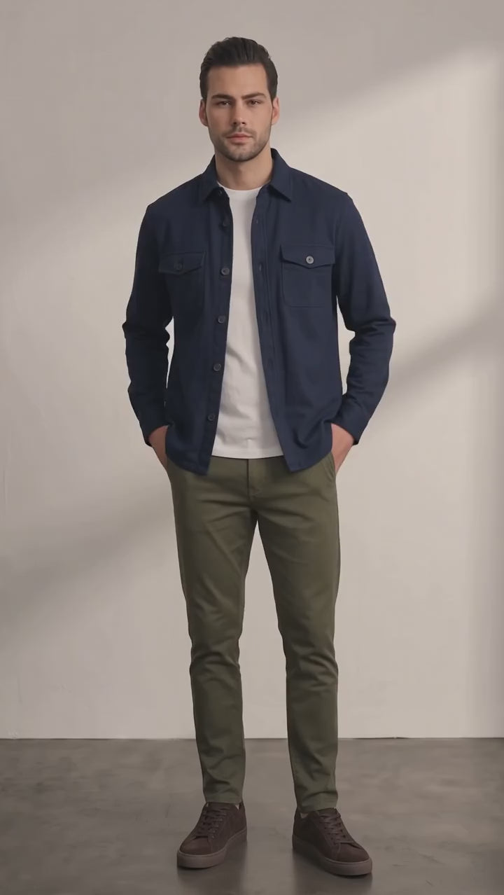 Men's Stretch Twill Overshirt with Chest Pockets - Navy Blue