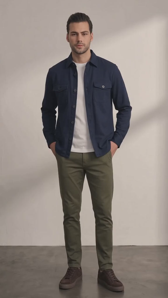 Men's Stretch Twill Overshirt with Chest Pockets - Navy Blue