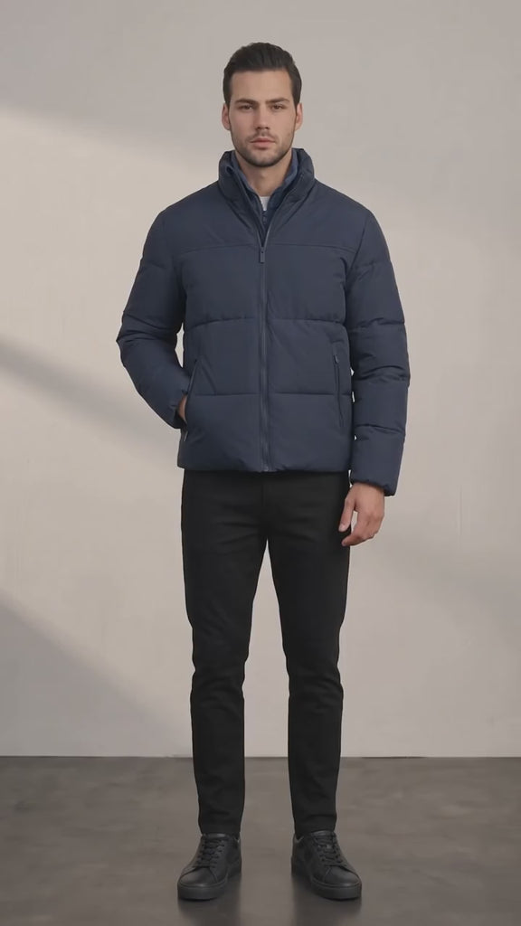 Men's Padded Puffer Jacket with Adjustable Hem - Navy Blue