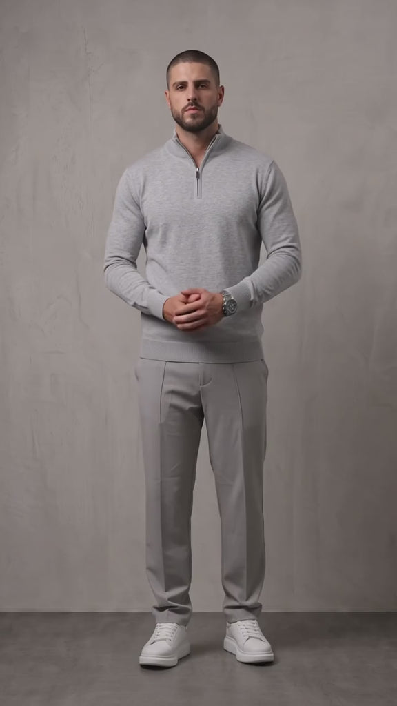 Men's Grey Ribbed Collar Quarter Zip Jumper, video