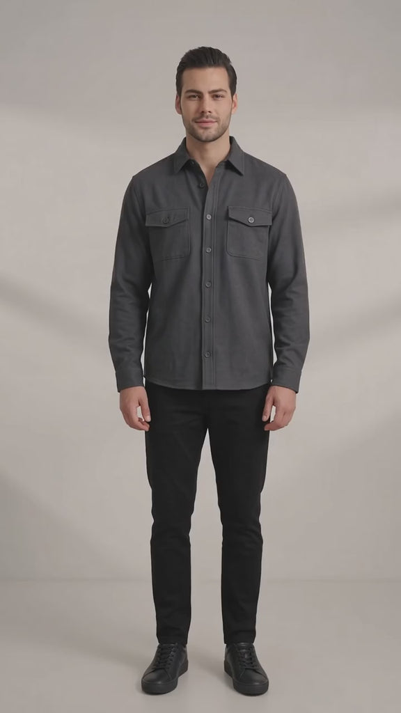 Men's Stretch Twill Overshirt with Chest Pockets - Dark Grey