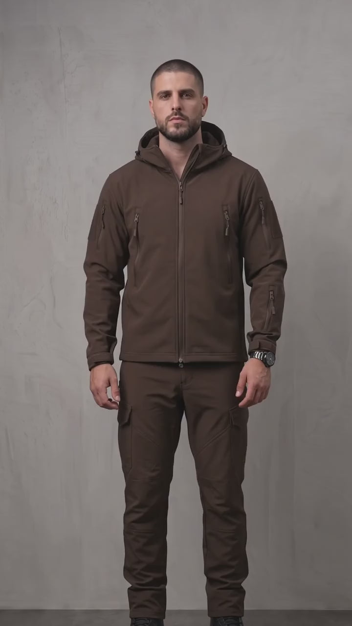Men's Hooded Softshell Jacket & Trousers Set - Brown