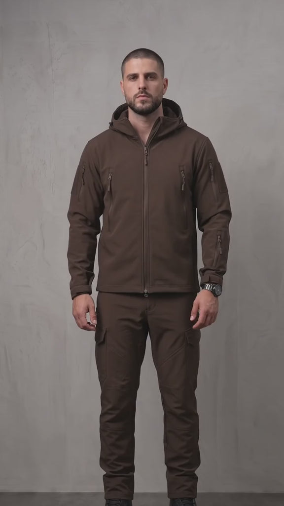Men's Hooded Softshell Jacket & Trousers Set - Brown