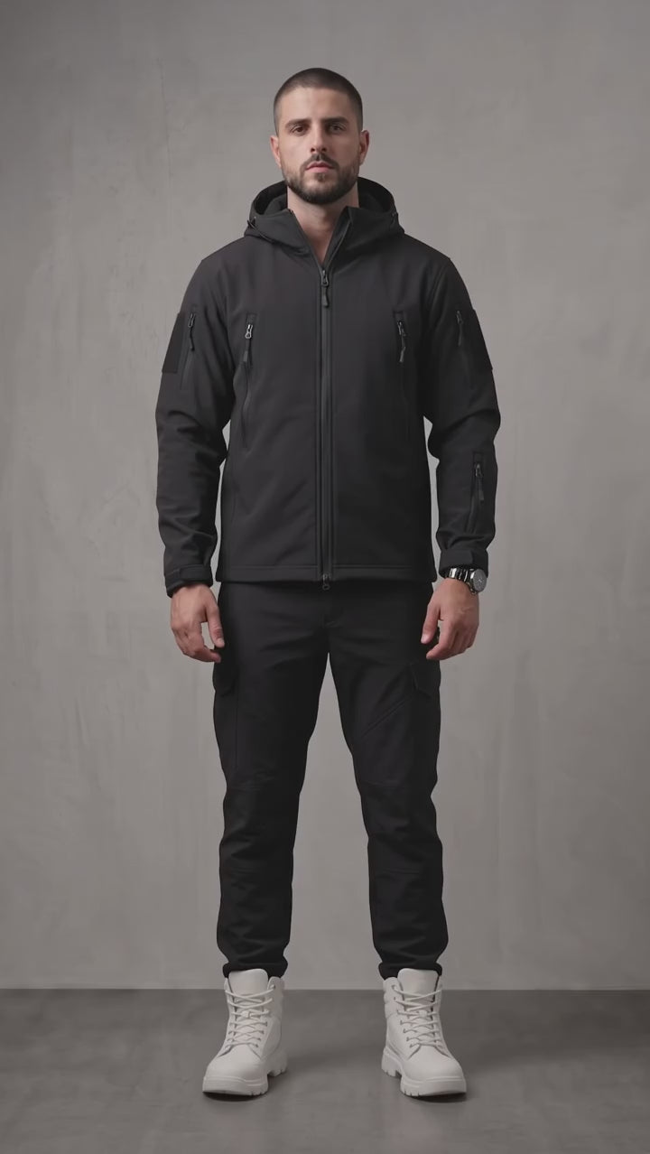 Men's Hooded Softshell Jacket & Trousers Set - Black