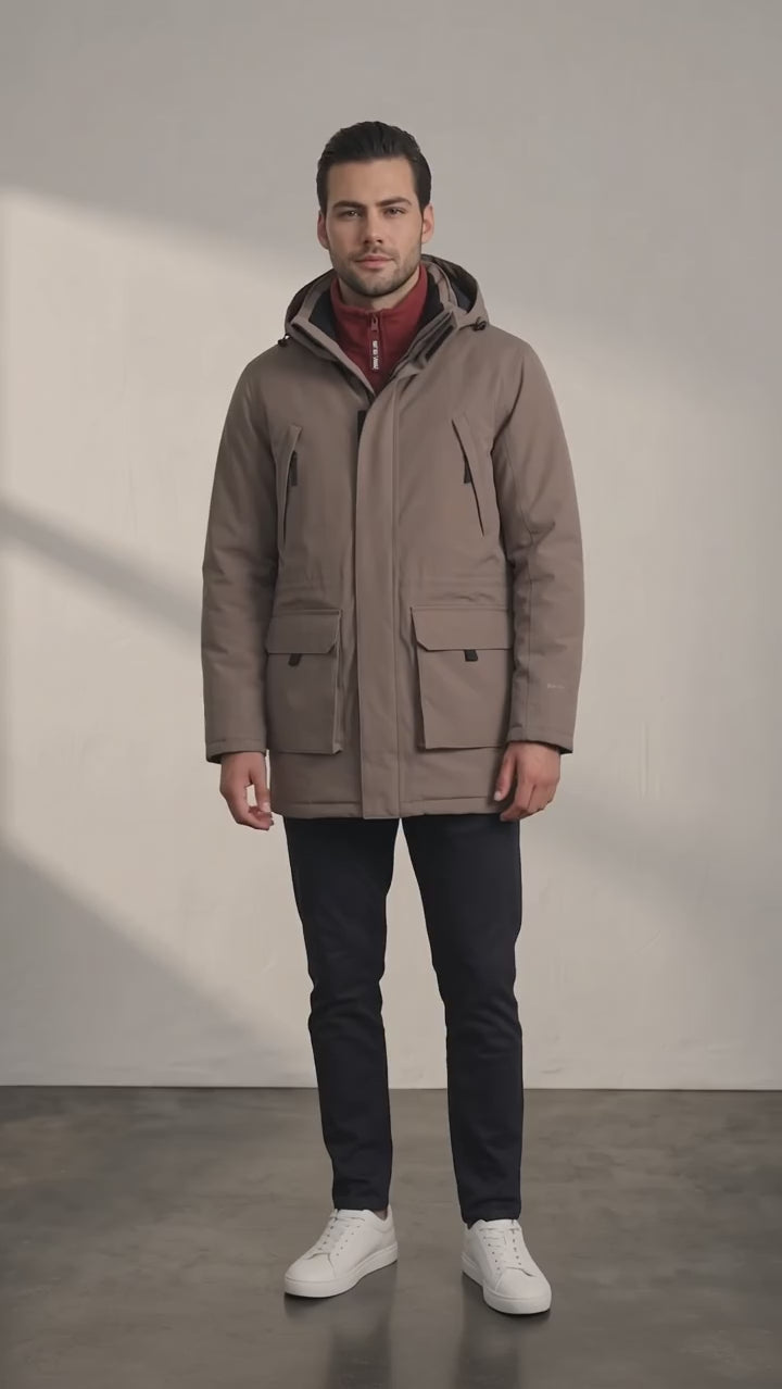 Men's Brown Hooded Parka Jacket with Utility Pockets